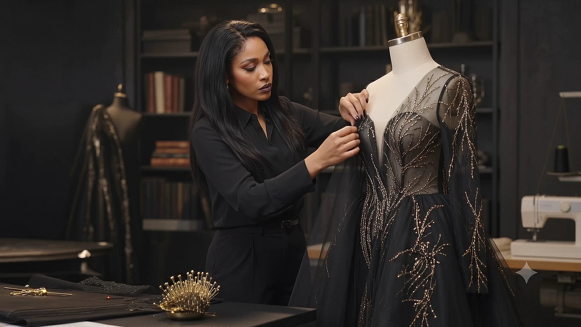 Créatrice Maison 3 Points ajustant une robe noire et or sur un buste de couture